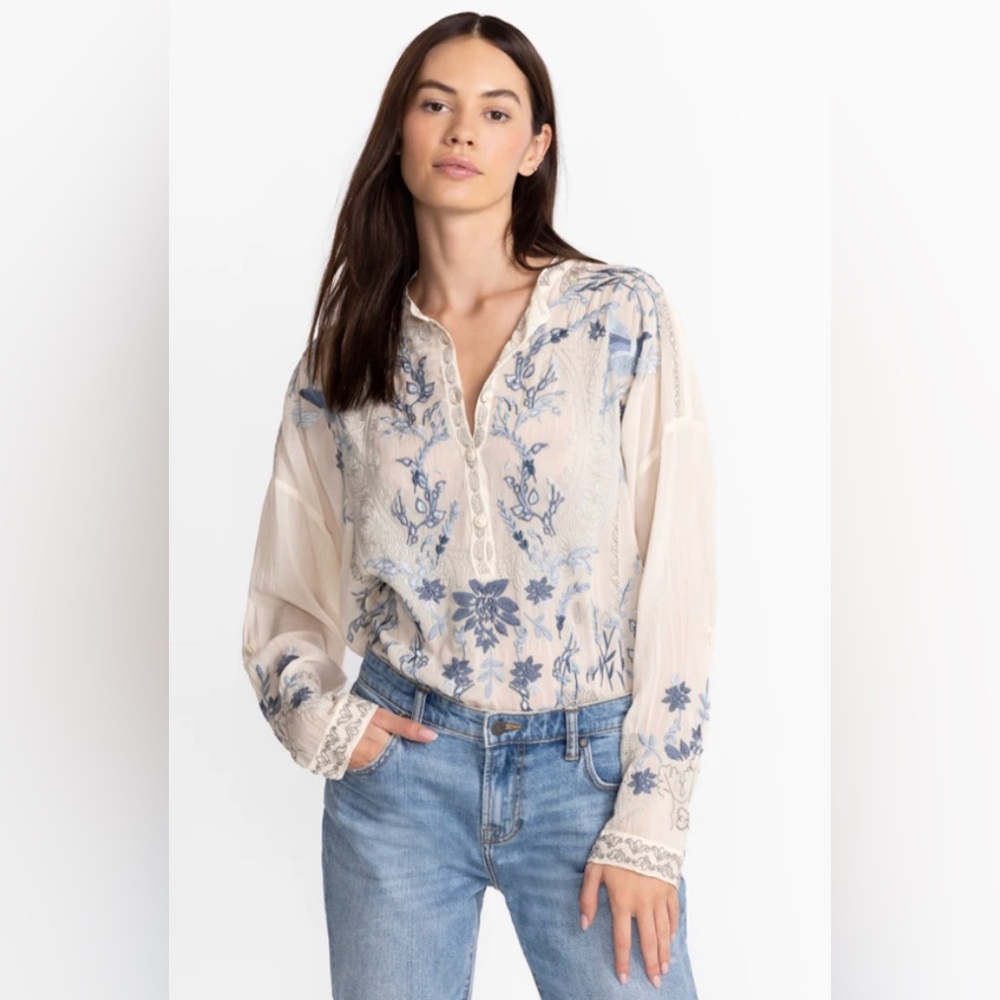 Johnny Was Cream Embroidered Blouse